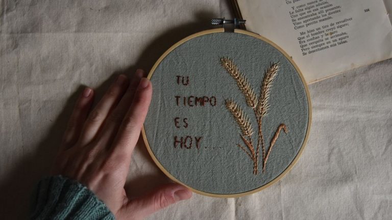 A hand touches an embroidery hoop with Spanish text and flowers beside an open book.